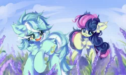 Size: 2560x1536 | Tagged: safe, artist:vanilla-chan, derpibooru import, bon bon, lyra heartstrings, sweetie drops, earth pony, pony, unicorn, adorabon, chest fluff, cute, duo, duo female, ear fluff, eyebrows, eyebrows visible through hair, female, field, flower, fluffy, g4, grass, happy, horn, image, jpeg, lesbian, looking at each other, looking at someone, looking back, lyrabetes, lyrabon, mare, open mouth, open smile, outdoors, raised hoof, shipping, sky, smiling