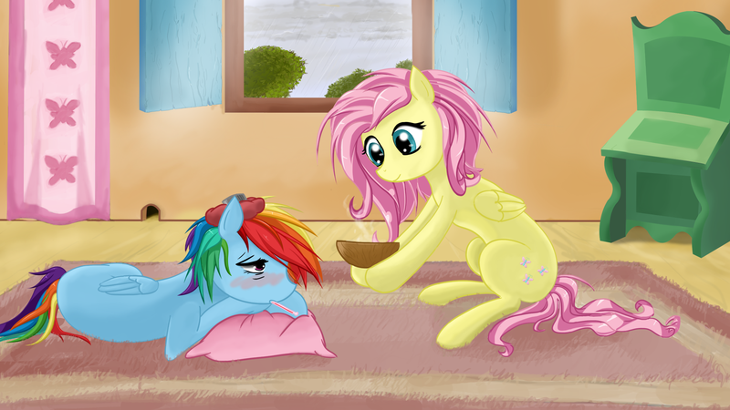 Size: 1920x1080 | Tagged: safe, artist:v-invidia, derpibooru import, fluttershy, rainbow dash, pegasus, pony, duo, duo female, female, food, g4, ice pack, image, mouse hole, pillow, png, sick, soup, thermometer