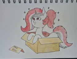 Size: 2418x1840 | Tagged: artist needed, safe, derpibooru import, oc, oc:red rocket, unicorn, box, cute, free hugs, horn, image, jpeg, sparkly mane, traditional art