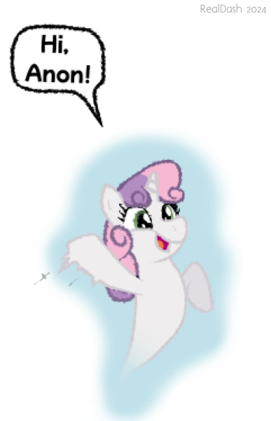 Size: 723x1122 | Tagged: safe, artist:realdash, derpibooru import, sweetie belle, ghost, ghost pony, pony, undead, unicorn, aggie.io, aura, cute, diasweetes, female, filly, foal, happy, horn, image, implied anon, motion lines, offscreen character, pixel art, png, redraw, smiling, solo, spooky belle, waving