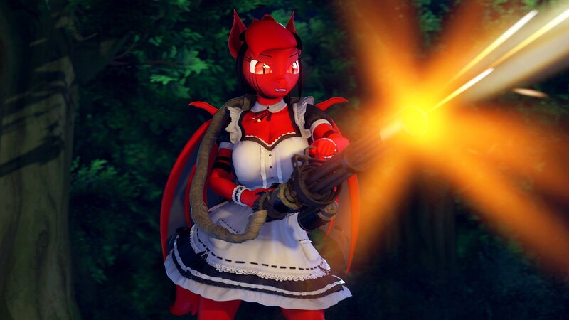 Size: 1920x1080 | Tagged: safe, artist:runic_the_wolf, ponerpics import, oc, oc:runic, unofficial characters only, anthro, 3d, breasts, clothes, image, jpeg, maid, minigun