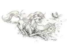 Size: 1500x1024 | Tagged: safe, artist:baron engel, derpibooru import, mistmane, bird, duck, pony, unicorn, black and white, female, flower, g4, grayscale, horn, image, jpeg, mare, monochrome, pencil drawing, reflection, simple background, solo, traditional art, water, white background, young mistmane