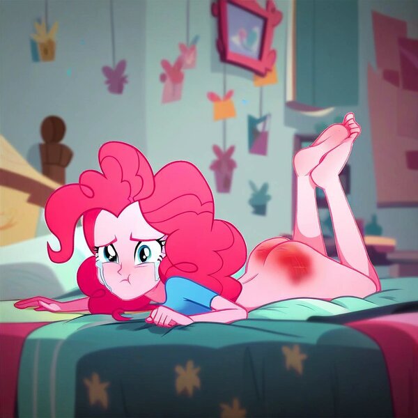 Size: 1024x1024 | Tagged: prompter needed, suggestive, ai content, derpibooru import, machine learning generated, pinkie pie, human, equestria girls, ass, balloonbutt, barefoot, bed, bottomless, butt, clothes, crying, feet, g4, image, jpeg, no panties, no pants, partial nudity, reddened butt, spank mark, spanked, spanking