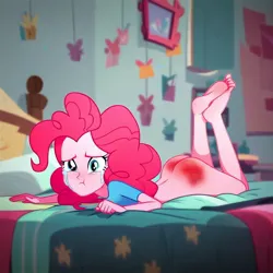 Size: 1024x1024 | Tagged: prompter needed, suggestive, ai content, derpibooru import, machine learning generated, pinkie pie, human, equestria girls, ass, balloonbutt, barefoot, bed, bottomless, butt, clothes, crying, feet, g4, image, jpeg, no panties, no pants, partial nudity, reddened butt, spank mark, spanked, spanking