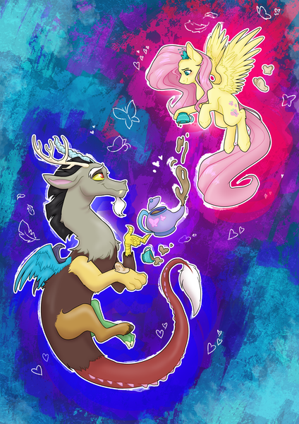 Size: 4169x5906 | Tagged: safe, artist:delfinaluther, derpibooru import, discord, fluttershy, draconequus, pegasus, pony, colorful background, discoshy, feather, female, food, heart, image, love, male, png, shipping, straight, tea, tea party, wings