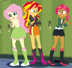 Size: 3400x3204 | Tagged: safe, artist:gmaplay, derpibooru import, babs seed, fluttershy, sunset shimmer, equestria girls, clothes, defending, fluttershy's skirt, g4, image, png, protecting, skirt, solo