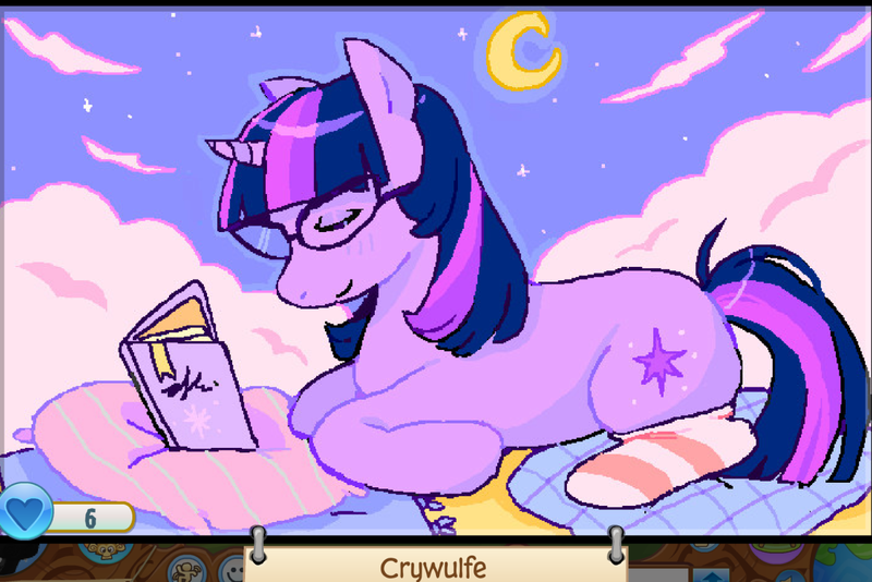 Size: 1280x855 | Tagged: safe, artist:crywulfe, derpibooru import, twilight sparkle, pony, unicorn, alternate color palette, alternate hair color, animal jam, blanket, blushing, book, clothes, crescent moon, eyes closed, eyeshadow, female, g4, glasses, horn, image, long socks, lying down, makeup, mare, moon, multicolored mane, multicolored tail, night, open book, pillow, png, profile, prone, purple coat, reading, short horn, sky background, smiling, socks, solo, stars, straight mane, straight tail, striped socks, tail, text, thigh highs, unicorn horn, unicorn twilight
