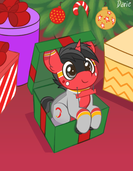 Size: 1599x2048 | Tagged: safe, artist:zeroonesunray, derpibooru import, oc, oc:marchen, ponified, unofficial characters only, object pony, original species, pony, train pony, unicorn, christmas, christmas tree, holiday, horn, image, png, present, train, tree