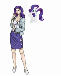 Size: 2000x2500 | Tagged: safe, artist:foxysslave, derpibooru import, rarity, human, pony, alternate hairstyle, bracelet, clothes, coat, ear piercing, earring, eyeshadow, female, high heels, humanized, image, jewelry, jpeg, lipstick, makeup, mare, nail polish, necklace, piercing, shirt, shoes, simple background, skirt, solo, white background