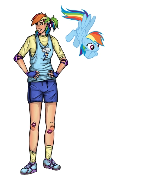Size: 3000x3500 | Tagged: safe, artist:foxysslave, derpibooru import, rainbow dash, human, pegasus, pony, alternate hairstyle, bandaid, clothes, elbow pads, female, fingerless gloves, gloves, grin, humanized, image, jpeg, mare, ponytail, shirt, shoes, shorts, simple background, smiling, sneakers, socks, solo, tanktop, white background