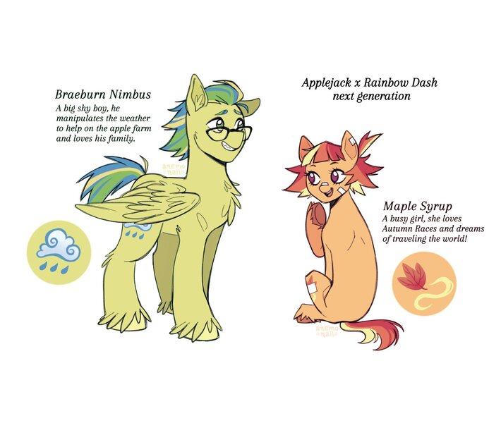 Size: 1541x1303 | Tagged: safe, artist:anemonaii, derpibooru import, oc, oc:braeburn nimbus, oc:maple syrup (anemonaii), unofficial characters only, earth pony, pegasus, pony, bandaid, bandaid on nose, brother and sister, cheek fluff, chest fluff, colored eyebrows, colored hooves, colored pinnae, duo, duo male and female, ear fluff, earth pony oc, female, folded wings, g4, glasses, green coat, green eyes, height difference, hoof on chin, image, jpeg, leg fluff, looking at someone, looking back, magical lesbian spawn, male, mare, messy mane, multicolored mane, multicolored tail, next generation, offspring, orange coat, parent:applejack, parent:rainbow dash, parents:appledash, pegasus oc, short mane, short tail, shy, shy smile, siblings, signature, simple background, sitting, smiling, stallion, standing, tail, text, tied mane, underhoof, unshorn fetlocks, white background, wingding eyes, wings