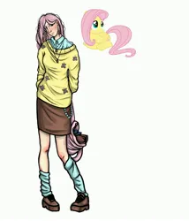 Size: 3000x3500 | Tagged: safe, artist:foxysslave, derpibooru import, fluttershy, human, pegasus, pony, alternate hairstyle, bag, blushing, boots, clothes, female, freckles, humanized, image, jewelry, jpeg, mare, necklace, shirt, shoes, simple background, socks, solo, stockings, sweater, sweatershy, thigh highs, white background