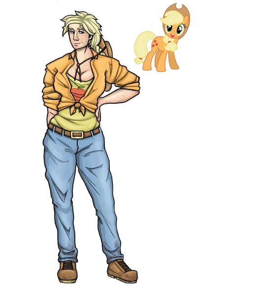 Size: 3000x3500 | Tagged: safe, artist:foxysslave, derpibooru import, applejack, earth pony, human, pony, alternate hairstyle, applejack's hat, belt, boots, clothes, cowboy hat, denim, female, french kiss, hat, humanized, image, jeans, jpeg, kissing, mare, open mouth, pants, shirt, shoes, simple background, solo, tanktop, white background
