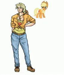 Size: 3000x3500 | Tagged: safe, artist:foxysslave, derpibooru import, applejack, earth pony, human, pony, alternate hairstyle, applejack's hat, belt, boots, clothes, cowboy hat, denim, female, french kiss, hat, humanized, image, jeans, jpeg, kissing, mare, open mouth, pants, shirt, shoes, simple background, solo, tanktop, white background