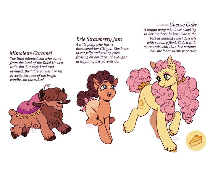 Size: 1541x1303 | Tagged: safe, artist:anemonaii, derpibooru import, li'l cheese, oc, oc:brie starwberry jam, oc:cheese cake (anemonaii), oc:mimolette caramel, earth pony, pony, yak, the last problem, adopted offspring, adopted son, alternate name, blue eyes, bow, brown mane, brown tail, cape, clothes, coat markings, colored hooves, colored pinnae, countershading, curly mane, curly tail, ear fluff, earth pony oc, eyelashes, eyeshadow, facial markings, female, freckles, g4, green eyes, hair over eyes, headband, height difference, image, jpeg, jumping, long mane, looking at each other, looking at someone, makeup, next generation, non-pony oc, offspring, older li'l cheese, open mouth, open smile, orange coat, parent:cheese sandwich, parent:pinkie pie, parents:cheesepie, pigtails, pink mane, pink tail, raised hoof, short mane, short tail, siblings, signature, simple background, smiling, smiling at each other, snip (coat marking), splotches, tail, tail bow, text, tied tail, trans female, transgender, trio, unshorn fetlocks, walking, white background, wingding eyes, yak oc, yellow coat