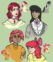 Size: 3000x3500 | Tagged: safe, artist:foxysslave, derpibooru import, apple bloom, babs seed, octavia melody, roseluck, human, pony, alternate hairstyle, apple bloom's bow, bow, bowtie, cardigan, choker, clothes, cousins, dark skin, ear piercing, earring, eyeshadow, female, filly, flower, flower in hair, foal, freckles, green background, grin, hair bow, humanized, image, jewelry, jpeg, makeup, mare, piercing, rose, shirt, simple background, smiling, t-shirt