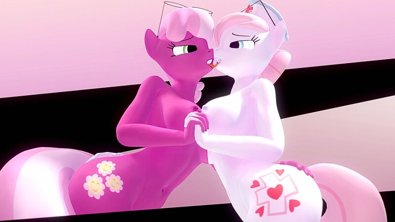 Size: 1920x1080 | Tagged: questionable, artist:runic_the_wolf, ponerpics import, cheerilee, nurse redheart, anthro, 3d, breasts, female, holding hands, image, jpeg, kissing, looking at each other, nipples, nudity