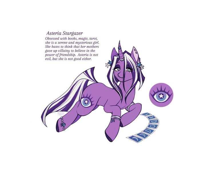 Size: 1541x1303 | Tagged: safe, artist:anemonaii, derpibooru import, oc, oc:asteria stargazer, unofficial characters only, pony, unicorn, blue eyes, bracelet, colored hooves, colored pinnae, curved horn, ear piercing, earring, eye clipping through hair, eyeshadow, facial markings, female, frown, g4, horn, horn jewelry, horn ring, image, jewelry, jpeg, lidded eyes, long mane, long tail, lying down, magical lesbian spawn, makeup, mare, next generation, offspring, parent:starlight glimmer, parent:trixie, parents:startrix, piercing, prone, purple coat, purple text, ring, signature, simple background, solo, tail, tarot cards, text, two toned mane, two toned tail, unicorn horn, unicorn oc, white background, wingding eyes