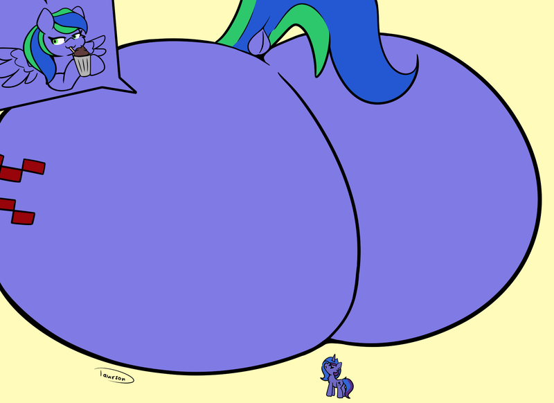 Size: 1878x1367 | Tagged: suggestive, artist:taurson, derpibooru import, oc, oc:blue monday, oc:felicity stars, unofficial characters only, pegasus, unicorn, butt, drink, duo, fat, female, horn, huge butt, hyper, hyper butt, image, impossibly large butt, large butt, milkshake, morbidly obese, obese, png, simple background, size difference