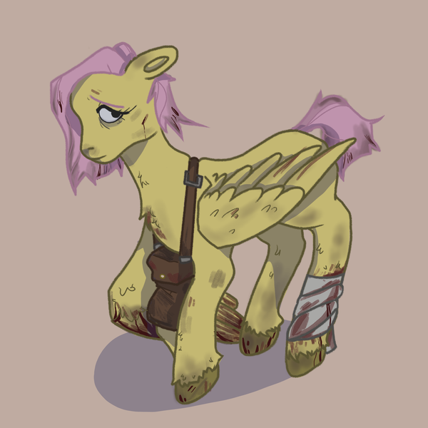 Size: 3000x3000 | Tagged: safe, artist:foxysslave, derpibooru import, fluttershy, pegasus, pony, alternate hairstyle, bag, bandage, blood, female, image, infected, infection, mare, mlp infection, png, saddle bag, scar, solo, unshorn fetlocks, virus