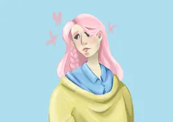 Size: 3508x2480 | Tagged: safe, artist:foxysslave, derpibooru import, fluttershy, human, alternate hairstyle, blue background, blushing, clothes, humanized, image, png, shirt, simple background, solo, sweater, sweatershy