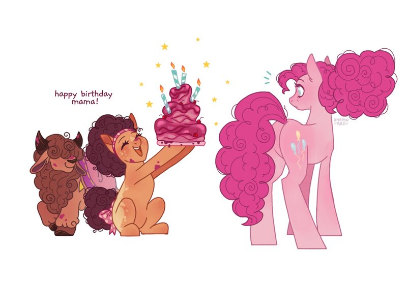 Size: 1420x995 | Tagged: safe, artist:anemonaii, derpibooru import, pinkie pie, oc, oc:brie strawberry jam, oc:mimolette caramel, earth pony, yak, adopted offspring, adopted son, birthday cake, blanket, blue eyes, bow, brown mane, brown tail, cake, cloven hooves, coat markings, colored hooves, colored horns, colored pinnae, curly mane, curly tail, dialogue, earth pony oc, emanata, eyelashes, eyes closed, facial markings, food, freckles, frosting, g4, hair over eyes, happy birthday, headband, height difference, hoof hold, image, jpeg, long legs, long mane, long tail, next generation, offspring, older, older pinkie pie, open mouth, open smile, orange coat, parent:cheese sandwich, parent:pinkie pie, parents:cheesepie, pink coat, raised eyebrows, signature, simple background, smiling, snip (coat marking), stars, surprise party, tail, tail bow, talking, text, tied mane, trio, white background, wingding eyes, yak oc