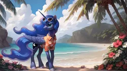 Size: 2560x1440 | Tagged: safe, ai content, artist:dovakkins, derpibooru import, machine learning assisted, machine learning generated, stable diffusion, princess luna, alicorn, pony, beach, cliff, clothes, derpibooru exclusive, female, g4, generator:pony diffusion v6 xl, hawaiian shirt, image, mare, palm tree, png, retirement, shirt, smiling, solo, summer, sunglasses, sunglasses on head, tree, wavy mane