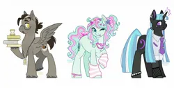 Size: 1900x962 | Tagged: safe, artist:anemonaii, derpibooru import, oc, oc:conan, oc:mint bubble, oc:resonance (anemonaii), unofficial characters only, earth pony, pegasus, pony, unicorn, arm warmers, black coat, blue coat, blue eyes, blue mane, blue tail, bracelet, brown mane, brown tail, button-up shirt, clothes, colored eyebrows, colored hooves, colored pinnae, curly mane, curly tail, dress shirt, ear piercing, earring, earth pony oc, eye clipping through hair, eyelashes, eyeshadow, female, fishnet clothing, freckles, g4, glasses, gray coat, gyaru, hair accessory, hair bun, hairclip, hoof hold, horn, image, jewelry, jpeg, lanyard, leg freckles, long mane, long tail, looking back, magic, magical lesbian spawn, makeup, male, mare, messy mane, messy tail, multicolored mane, multicolored tail, necklace, necktie, next generation, offspring, one eye closed, open mouth, parent:bon bon, parent:derpy hooves, parent:doctor whooves, parent:lyra heartstrings, parent:octavia melody, parent:vinyl scratch, parents:doctorderpy, parents:lyrabon, parents:scratchtavia, pegasus oc, physique difference, piercing, pigtails, profile, purple eyes, raised eyebrows, raised hoof, shirt, signature, simple background, smiling, spiked wristband, spread wings, stallion, standing, straight mane, straight tail, tail, teal eyes, tied mane, tied tail, tongue out, trio, two toned mane, two toned tail, unicorn horn, unicorn oc, unshorn fetlocks, wall of tags, white background, wing freckles, wingding eyes, wings, wink, wristband, yellow eyes