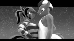Size: 1920x1080 | Tagged: safe, artist:runic_the_wolf, ponerpics import, oc, oc:runic, oc:warheart, unofficial characters only, anthro, 3d, clothes, female, image, looking at each other, male, monochrome, png