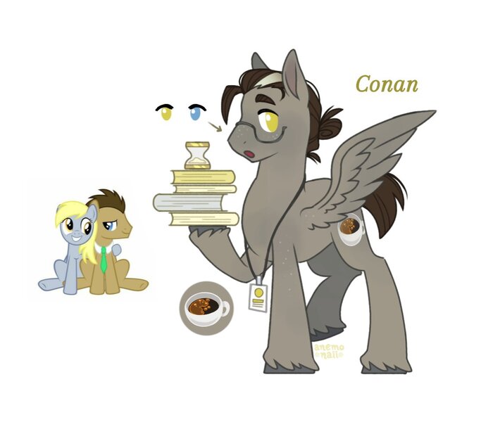 Size: 1095x962 | Tagged: safe, artist:anemonaii, derpibooru import, oc, oc:conan, unofficial characters only, pegasus, pony, brown mane, brown tail, colored eyebrows, colored hooves, colored pinnae, freckles, g4, glasses, hair bun, heterochromia, hoof hold, image, jpeg, lanyard, leg freckles, male, next generation, offspring, open mouth, parent:derpy hooves, parent:doctor whooves, parents:doctorderpy, pegasus oc, profile, raised eyebrows, raised hoof, reference, short mane, short tail, signature, simple background, solo, spread wings, stallion, standing, tail, text, unshorn fetlocks, white background, wing freckles, wingding eyes, wings