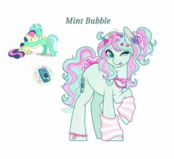 Size: 1050x962 | Tagged: safe, artist:anemonaii, derpibooru import, oc, oc:mint bubble, unofficial characters only, earth pony, pony, arm warmers, blue coat, blue eyes, bracelet, clothes, colored pinnae, ear piercing, earring, earth pony oc, eye clipping through hair, eyeshadow, female, freckles, gyaru, hair accessory, hairclip, image, jewelry, jpeg, long mane, long tail, magical lesbian spawn, makeup, mare, messy mane, messy tail, necklace, next generation, offspring, one eye closed, parent:bon bon, parent:lyra heartstrings, parents:lyrabon, piercing, ponytail, raised hoof, reference, signature, simple background, solo, tail, teal eyes, text, tied mane, tied tail, tongue out, two toned mane, two toned tail, white background, wingding eyes, wink