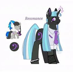 Size: 966x962 | Tagged: safe, artist:anemonaii, derpibooru import, oc, oc:resonance (anemonaii), unofficial characters only, pony, unicorn, beauty mark, black coat, blue mane, blue tail, bracelet, button-up shirt, clothes, colored pinnae, dress shirt, ear piercing, earring, eyelashes, female, fishnet clothing, horn, image, jewelry, jpeg, long mane, long tail, magic, magical lesbian spawn, mare, multicolored mane, multicolored tail, necktie, next generation, offspring, parent:octavia melody, parent:vinyl scratch, parents:scratchtavia, piercing, profile, purple eyes, reference, shirt, signature, simple background, smiling, solo, spiked wristband, standing, straight mane, straight tail, tail, text, unicorn oc, white background, wingding eyes, wristband
