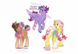 Size: 1222x847 | Tagged: safe, artist:anemonaii, derpibooru import, oc, oc:beauty cider, oc:pixie (anemonaii), oc:purple heaven, unofficial characters only, earth pony, pegasus, pony, unicorn, ahoge, amputee, bandaid, beauty mark, blue eyes, blushing, bow, braid, braided tail, brown coat, brown eyes, chest fluff, clothes, colored eyebrows, colored hooves, colored pinnae, colored wings, colored wingtips, denim, denim jacket, ear fluff, ear piercing, earring, earth pony oc, eyelashes, facial markings, female, flying, g4, gradient legs, green eyes, hair bow, hair bun, headphones, horn, image, jacket, jewelry, jpeg, leg scar, long tail, magical lesbian spawn, messy mane, narrowed eyes, next generation, offspring, open mouth, open smile, parent:apple bloom, parent:button mash, parent:diamond tiara, parent:scootaloo, parent:sweetie belle, parent:wind sprint, parents:diamondbloom, parents:scootasprint, parents:sweetiemash, pegasus oc, piercing, pigtails, profile, prosthetic leg, prosthetic limb, prosthetics, purple coat, scar, short horn, short mane, signature, simple background, smiling, space buns, splotches, spread wings, tail, tail bow, tied mane, tied tail, trio, trio female, two toned mane, two toned tail, two toned wings, unicorn horn, unicorn oc, unshorn fetlocks, wall of tags, white background, wingding eyes, wings, yellow coat