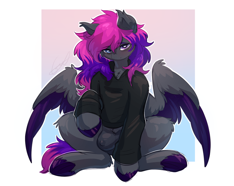 Size: 1659x1320 | Tagged: questionable, artist:peachmayflower, derpibooru import, oc, oc:slipspace perigee, unofficial characters only, pegasus, pony, clothes, colored hooves, colored wings, colored wingtips, crotchboobs, female, heterochromia, image, looking at you, mare, nipples, nudity, passepartout, pegasus oc, png, sitting, solo, solo female, spread wings, sweater, wings