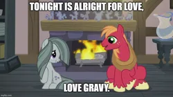 Size: 888x499 | Tagged: safe, derpibooru import, edit, edited screencap, screencap, big macintosh, marble pie, earth pony, pony, hearthbreakers, caption, cute, duo, female, fireplace, grin, image, image macro, jpeg, looking at each other, looking at someone, love gravy, male, marblebetes, marblemac, mare, meme, open mouth, open smile, shipping, sitting, smiling, smiling at each other, song in the description, song reference, south park, stallion, straight, text