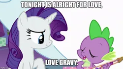 Size: 888x499 | Tagged: safe, derpibooru import, edit, edited screencap, screencap, rarity, spike, dragon, pony, unicorn, best gift ever, duo, eyes closed, female, guitar, horn, image, jpeg, love gravy, male, mare, meme, musical instrument, shipping, smiling, song in the description, song reference, south park, sparity, straight