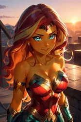 Size: 1024x1536 | Tagged: safe, ai content, derpibooru import, editor:masterdarhil, machine learning generated, sunset shimmer, equestria girls, bare shoulders, bracer, breasts, busty sunset shimmer, cleavage, clothes, cosplay, costume, dc comics, ear piercing, earring, female, g4, gold, image, jewelry, jpeg, looking at you, metal, photoshop, piercing, prompter:sammykun, recolor, smiling, solo, sun, wonder woman