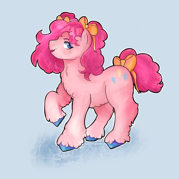 Size: 2048x2048 | Tagged: safe, artist:melthemeteoritez, derpibooru import, pinkie pie, earth pony, pony, alternate hairstyle, bow, chest fluff, female, hair bow, image, jpeg, light blue background, mare, open mouth, open smile, simple background, smiling, solo, tail, tail bow, unshorn fetlocks