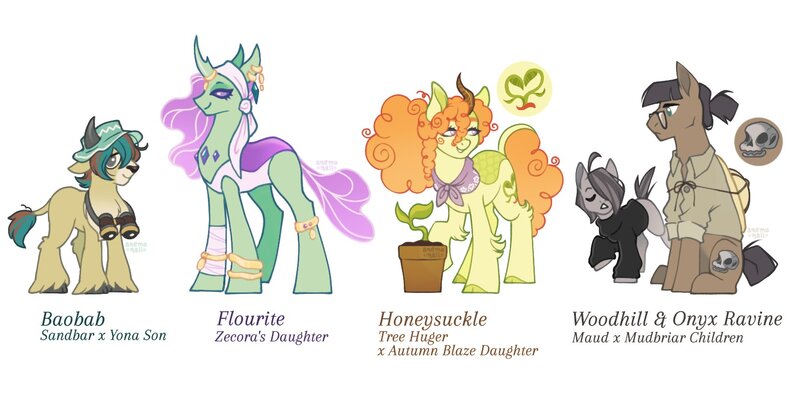 Size: 1671x821 | Tagged: safe, artist:anemonaii, derpibooru import, oc, oc:baobab, oc:fluorite (anemonaii), oc:honeysuckle (anemonaii), oc:onyx ravine, oc:woodhill, unofficial characters only, changedling, changeling, earth pony, hybrid, kirin, original species, yakony, :<, adopted offspring, ahoge, bandage, bandaged leg, bandana, beige coat, binoculars, bracelet, brown coat, button-up shirt, carapace, changedling oc, changeling horn, changeling oc, clothes, cloven hooves, colored hooves, colored horn, colored horns, colored pinnae, curly mane, curly tail, dress shirt, ear piercing, earring, earth pony oc, eyes closed, frown, g4, glasses, gray coat, gray mane, gray tail, green coat, green eyes, group, hair over one eye, hat, headband, height difference, horn, horn ring, hybrid oc, image, interspecies offspring, jewelry, jpeg, kirin horn, kirin oc, leg fluff, leonine tail, lidded eyes, looking back, neckerchief, next generation, offspring, open mouth, orange mane, orange tail, parent:autumn blaze, parent:maud pie, parent:mud briar, parent:sandbar, parent:tree hugger, parent:yona, parents:maudbriar, parents:treeblaze, parents:yonabar, physique difference, piercing, ponytail, potted plant, profile, purple eyes, purple mane, purple tail, quintet, raised hoof, ring, safari hat, shirt, short mane, short tail, signature, simple background, sitting, smiling, standing, sweater, tail, text, turtleneck, two toned mane, two toned tail, unshorn fetlocks, wall of tags, white background, wingding eyes, yellow coat