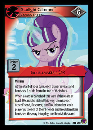Size: 300x419 | Tagged: safe, derpibooru import, fluttershy, starlight glimmer, pegasus, pony, unicorn, the cutie re-mark, card, ccg, duo, enterplay, female, filly, foal, g4, glow, glowing horn, horn, image, jpeg, mare, marks in time, merchandise, s5 starlight, solo focus
