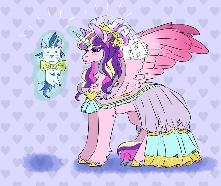 Size: 1900x1600 | Tagged: safe, artist:cluterdrop, derpibooru import, princess cadance, shining armor, alicorn, pony, unicorn, bowtie, clothes, concave belly, dress, duo, duo male and female, female, g4, horn, husband and wife, image, jpeg, larger female, levitation, magic, male, mare, meme, messy mane, patterned background, ship:shiningcadance, shipping, size difference, smaller male, smol, spread wings, stallion, straight, tall, telekinesis, the bride and the ugly ass groom, wedding dress, wings