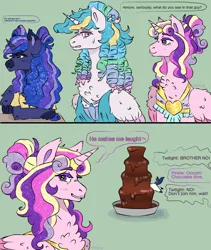 Size: 1600x1900 | Tagged: safe, artist:cluterdrop, derpibooru import, princess cadance, princess celestia, princess luna, shining armor, alicorn, pony, unicorn, chest fluff, chocolate, chocolate fountain, clothes, comic, dialogue, dress, female, food, g4, horn, image, implied pinkie pie, implied twilight sparkle, jpeg, male, mare, meme, offscreen character, ponies in food, ship:shiningcadance, shipping, speech bubble, stallion, straight, the bride and the ugly ass groom, wedding dress