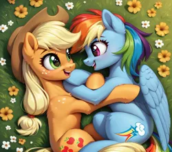 Size: 2048x1808 | Tagged: safe, ai content, derpibooru import, machine learning generated, prompter:ramprover, stable diffusion, applejack, rainbow dash, earth pony, pegasus, pony, appledash, chest fluff, cute, duo, ear fluff, female, flower, g4, generator:pony diffusion v6 xl, happy, hug, image, jpeg, lesbian, looking at each other, looking at someone, lying down, mare, open mouth, outdoors, prompt in description, shipping, smiling, wings