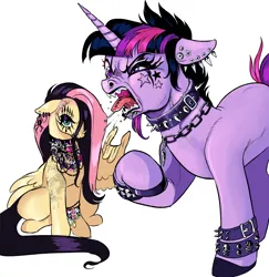 Size: 1982x2035 | Tagged: safe, artist:gorjee-art, derpibooru import, fluttershy, twilight sparkle, pegasus, pony, unicorn, bib necklace, bracelet, collar, devil horn (gesture), drool, duo, duo female, ear piercing, earring, eyeshadow, face paint, female, high res, horn, image, jewelry, looking at you, makeup, mare, meme, metal, necklace, piercing, png, simple background, spiked collar, spiked wristband, tongue out, tongue piercing, unicorn twilight, we're emo, white background, wing hands, wings, wristband