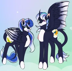 Size: 1300x1280 | Tagged: safe, derpibooru import, oc, alicorn, pony, coat markings, female, hybrid wings, image, leonine tail, magical lesbian spawn, male, next generation, offspring, parent:princess celestia, parent:princess luna, parents:princest, png, product of incest, siblings, tail, tongue out, twins, wings