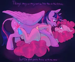 Size: 1700x1400 | Tagged: safe, artist:abbytabbys, derpibooru import, pinkie pie, twilight sparkle, twilight sparkle (alicorn), alicorn, earth pony, pony, bittersweet, crying, female, image, jpeg, lesbian, looking at each other, looking at someone, lying down, ship:twinkie, shipping, smiling, smiling at each other