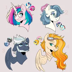 Size: 1600x1600 | Tagged: safe, artist:blazenly-obvious, artist:ghost-whisper03, derpibooru import, bon bon, coco pommel, fluttershy, night glider, pinkie pie, spitfire, sweetie drops, thunderlane, vinyl scratch, oc, unnamed oc, unofficial characters only, earth pony, pegasus, pony, unicorn, bandaid, bandaid on nose, beard, bust, collaboration, facial hair, female, flower, flower in hair, glasses, goggles, goggles on head, heterochromia, horn, image, lesbian, magical lesbian spawn, male, mare, offspring, parent:bon bon, parent:coco pommel, parent:fluttershy, parent:night glider, parent:spitfire, parent:thunderlane, parents:cocobon, parents:spitshy, parents:thunderglider, parents:vinylpie, png, scar, screencap reference, ship:cocobon, ship:spitshy, ship:thunderglider, shipping, simple background, stallion, vinylpie, white background