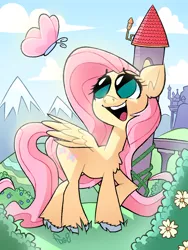 Size: 2304x3072 | Tagged: safe, artist:fraciss, derpibooru import, fluttershy, butterfly, insect, pegasus, pony, castle, cute, female, g4, high res, image, looking back, looking up, mare, open mouth, open smile, png, redraw, shyabetes, smiling, solo, unshorn fetlocks