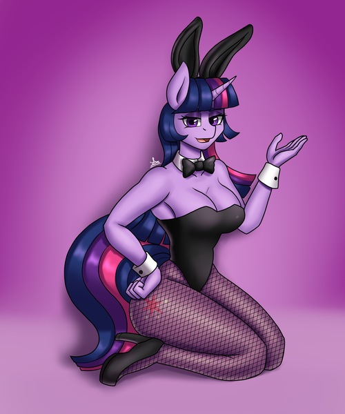 Size: 1500x1800 | Tagged: suggestive, artist:zachc, derpibooru import, twilight sparkle, anthro, unicorn, bowtie, breasts, bunny ears, bunny suit, clothes, commission, fishnets, hand on hip, high heels, horn, image, kneeling, looking at you, open mouth, open smile, playboy bunny, playboy bunny twilight sparkle, png, shoes, smiling, unicorn twilight