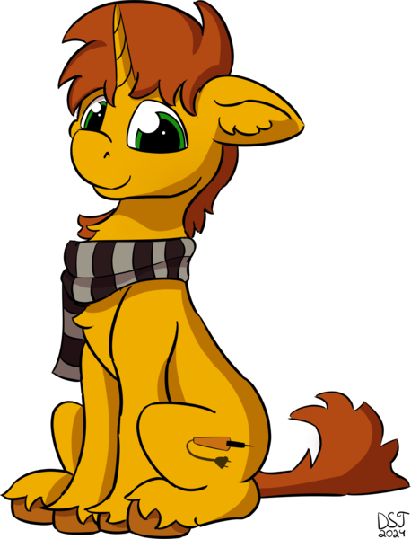 Size: 1500x1966 | Tagged: safe, artist:dsksh, derpibooru import, oc, oc:agent diego, unofficial characters only, pony, unicorn, chest fluff, clothes, green eyes, horn, image, looking at you, male, one ear down, png, scarf, simple background, sitting, smiling, solo, stallion, striped scarf, transparent background, unicorn oc, unshorn fetlocks